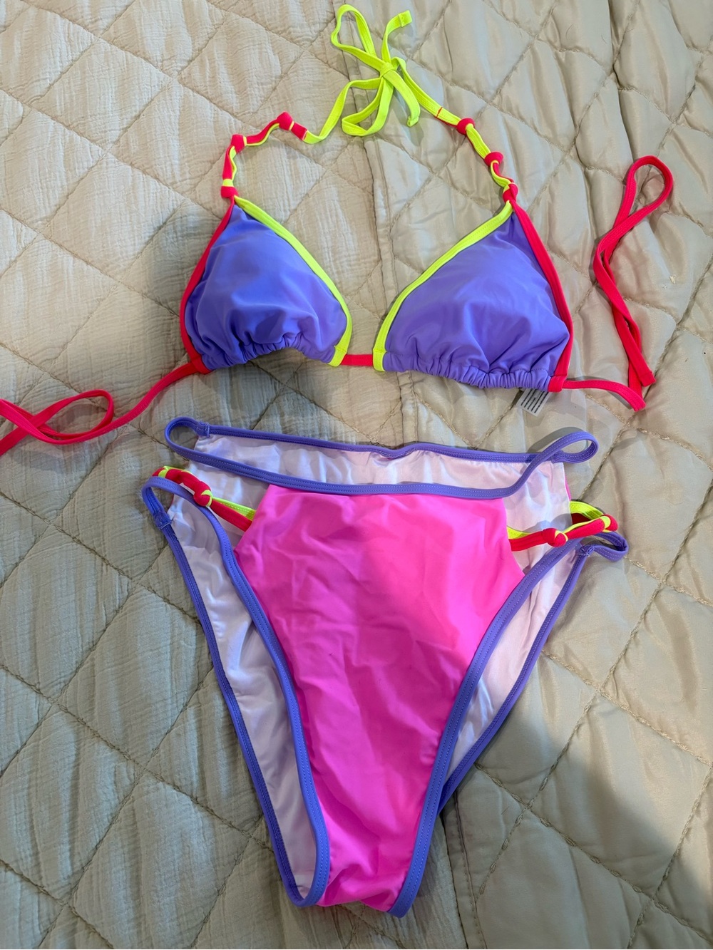 Popvil Bikini with Neon Pink and Yellow and Purple Straps Large